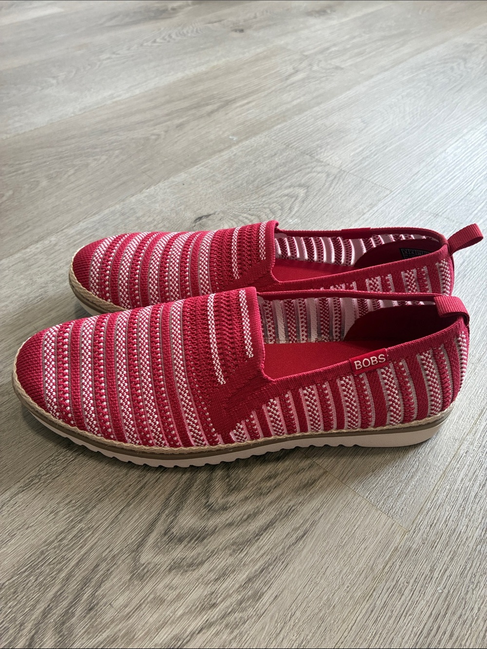 NWOT BOBS Red and White Knit Slip On Espadrille Flats